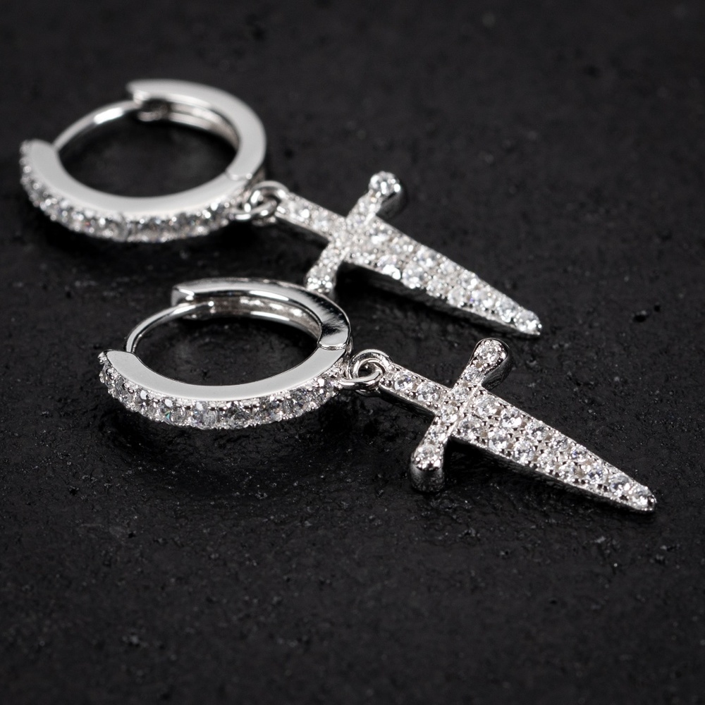 Sterling Silver CZ Iced Small Dagger Sword Cross Dangle Drop Hoop Earrings